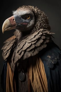 Vulture dressed up in historical costume against dark background. Generative AI