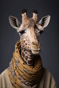 Giraffe dressed up in historical costume against dark background. Generative AI