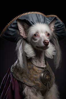 Chinese crested dog dressed up in historical costume against dark background. Generative AI