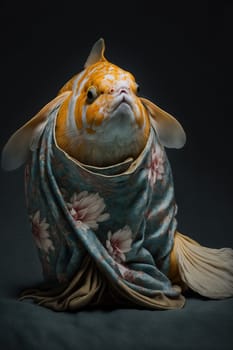 Portrait of a goldfish wearing a kimono. Generative AI