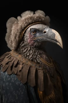 Vulture dressed up in historical costume against dark background. Generative AI