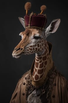 Giraffe dressed up in historical costume against dark background. Generative AI