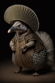 Giraffe dressed up in historical costume against dark background. Generative AI