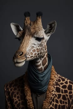 Giraffe dressed up in historical costume against dark background. Generative AI
