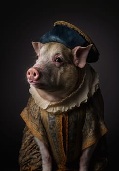 Pig dressed up in historical costume against dark background. Generative AI