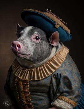 Pig dressed up in historical costume against dark background. Generative AI