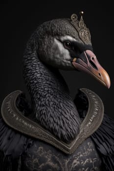 Black swan dressed up in historical costume against dark background. Generative AI