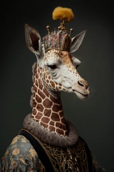 Giraffe dressed up in historical costume against dark background. Generative AI