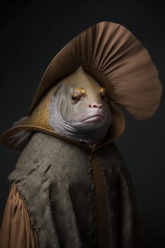 Goldfish dressed up in historical costume against dark background. Generative AI