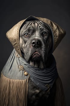 Cane corso dog dressed up in historical costume against dark background. Generative AI