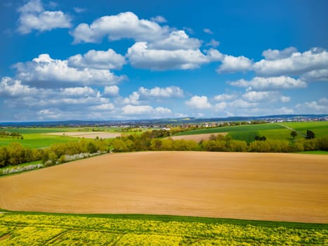 Drone shot from german landscape with meadows in Hesse.