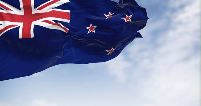 New Zealand national flag waving on a clear day. Blue Ensign with Union Jack and red stars on representing Southern Cross. Rippled fabric. Realistic 3D illustration