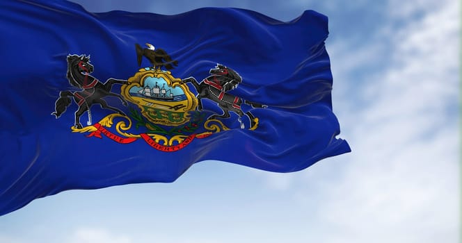 Pennsylvania state flag waving in the wind on a clear day. Blue flag with Pennsylvania coat of arms in the center. Rippled fabric. Realistic 3D illustration
