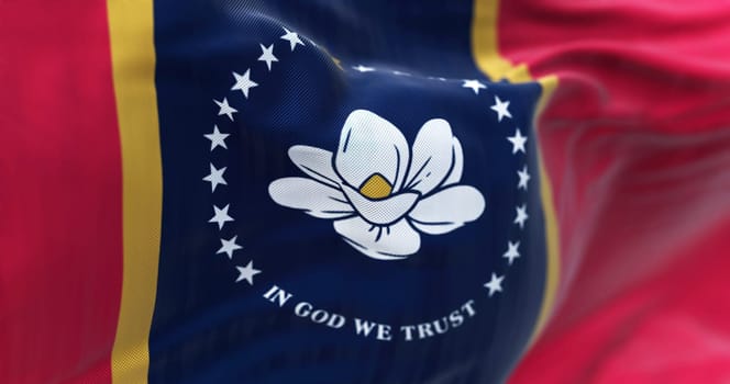 Detail of the Mississippi flag waving. White magnolia, 21 stars, In God We Trust, blue pale, gold borders, red field. Rippled fabric. Textured background. Selective focus. Realistic 3d illustration