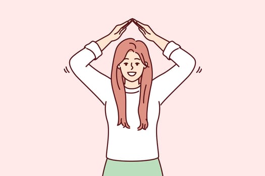 Cheerful woman depicts roof over head with hands, symbolizing security and inviolability. Positive girl stretches hands up offers to pay attention to real estate insurance services. Flat vector image