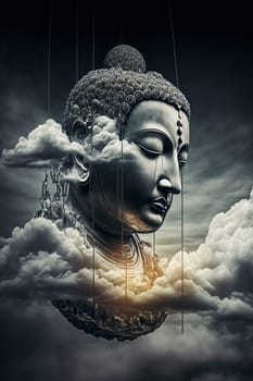 Buddha head and sky double exposure