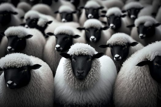 Black sheep among a flock of white ones standing out form the rest