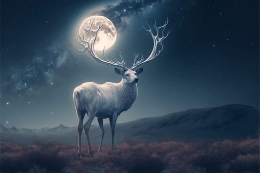 White stag with full monn and nigth sky with stars