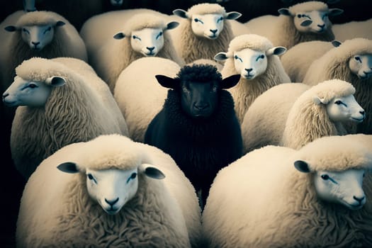 Black sheep among a flock of white ones standing out form the rest