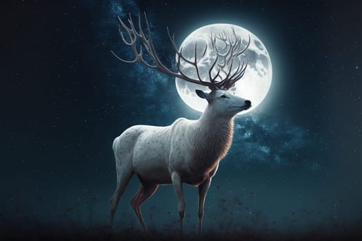 White stag with full monn and nigth sky with stars