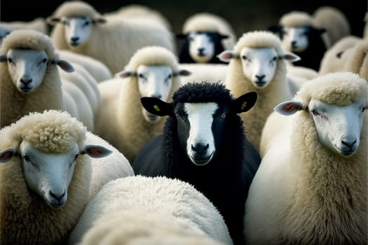 Black sheep among a flock of white ones standing out form the rest
