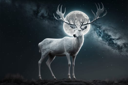 White stag with full monn and nigth sky with stars