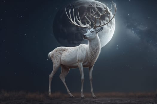 White stag with full monn and nigth sky with stars