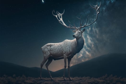 White stag with full monn and nigth sky with stars