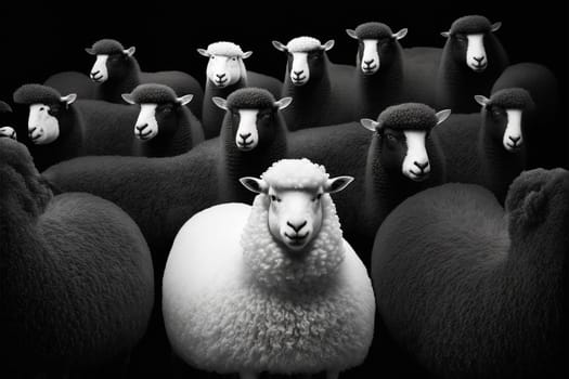 White sheep among a flock of black ones standing out form the rest