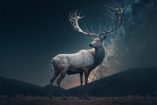 White stag with full monn and nigth sky with stars