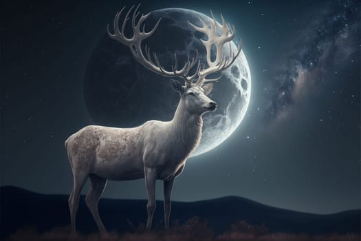 White stag with full monn and nigth sky with stars