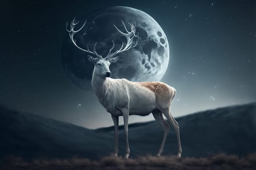 White stag with full monn and nigth sky with stars
