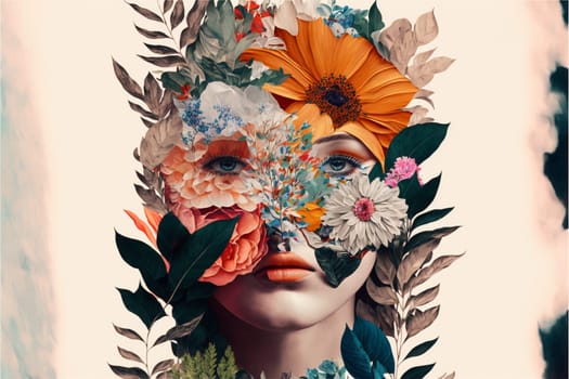 Contemporary art collage. Minimal design fashion concept. Lady with flower head and floral designes.