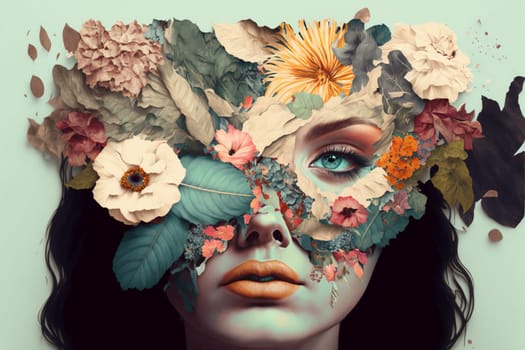Double exposure portrait of young woman with bouquet of flowers.