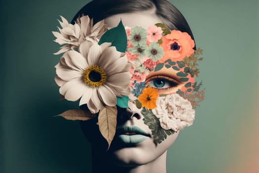 Contemporary art collage. Minimal design fashion concept. Lady with flower head and floral designes.