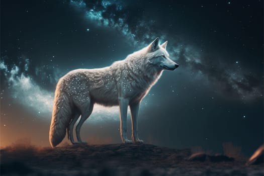 White wolf with full moon and nigth sky with stars
