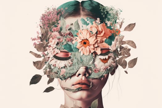 Double exposure portrait of young woman with bouquet of flowers.