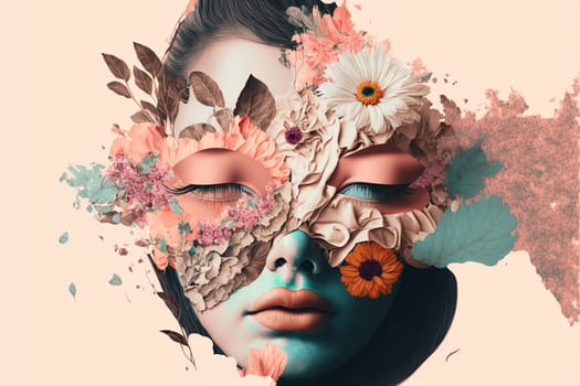 Double exposure portrait of young woman with bouquet of flowers.