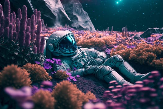Astronaut on beautiful pink planet with lush vegetation and flowers, digital art