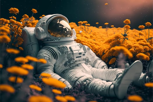 Astronaut on beautiful pink planet with lush vegetation and flowers, digital art