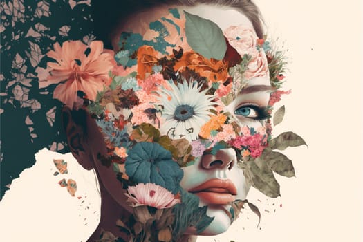 Double exposure portrait of young woman with bouquet of flowers.