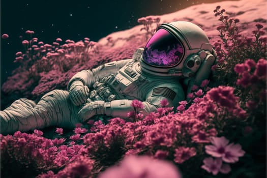 Astronaut on beautiful pink planet with lush vegetation and flowers, digital art