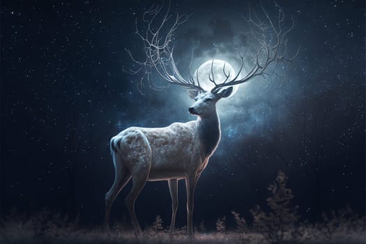 White stag with full monn and nigth sky with stars