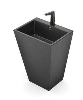 Ceramic pedestal wash basin with sensor faucet in matte black color with gold elements