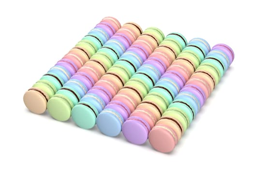 Many rows with colorful french macarons on white background
