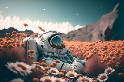 Astronaut on beautiful pink planet with lush vegetation and flowers, digital art