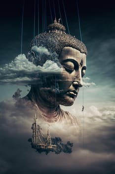 Buddha head and sky double exposure