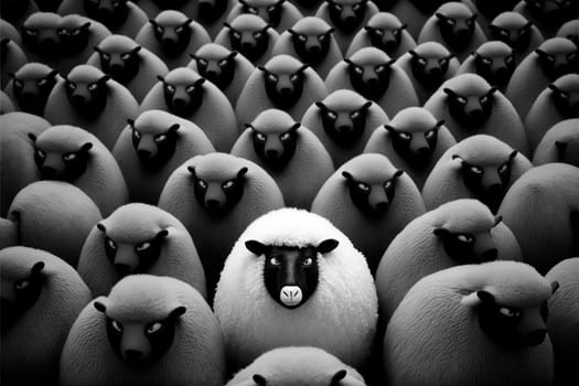 Black sheep among a flock of white ones standing out form the rest