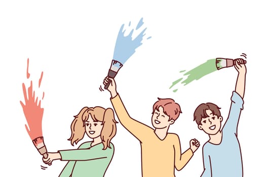 Positive boys and girls waving paint brushes with multi-colored paint doing joint creativity to participate in art exhibition. Concept of happy childhood and good mood in children. Flat vector image