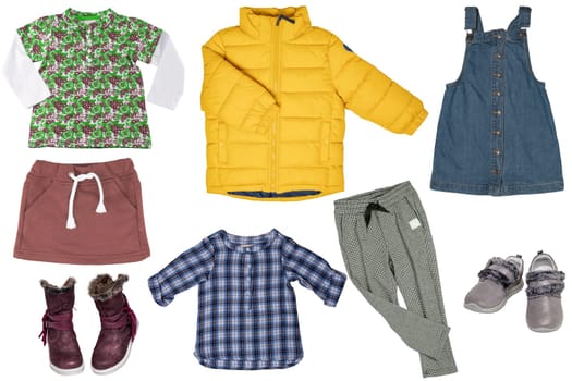 Collage set of girls spring clothing. The collection of a stylish jeans dress, a sweater, shirt, skirt, sneaker, boots, pants and a yellow down jacket. Kids autumn and winter fashion.